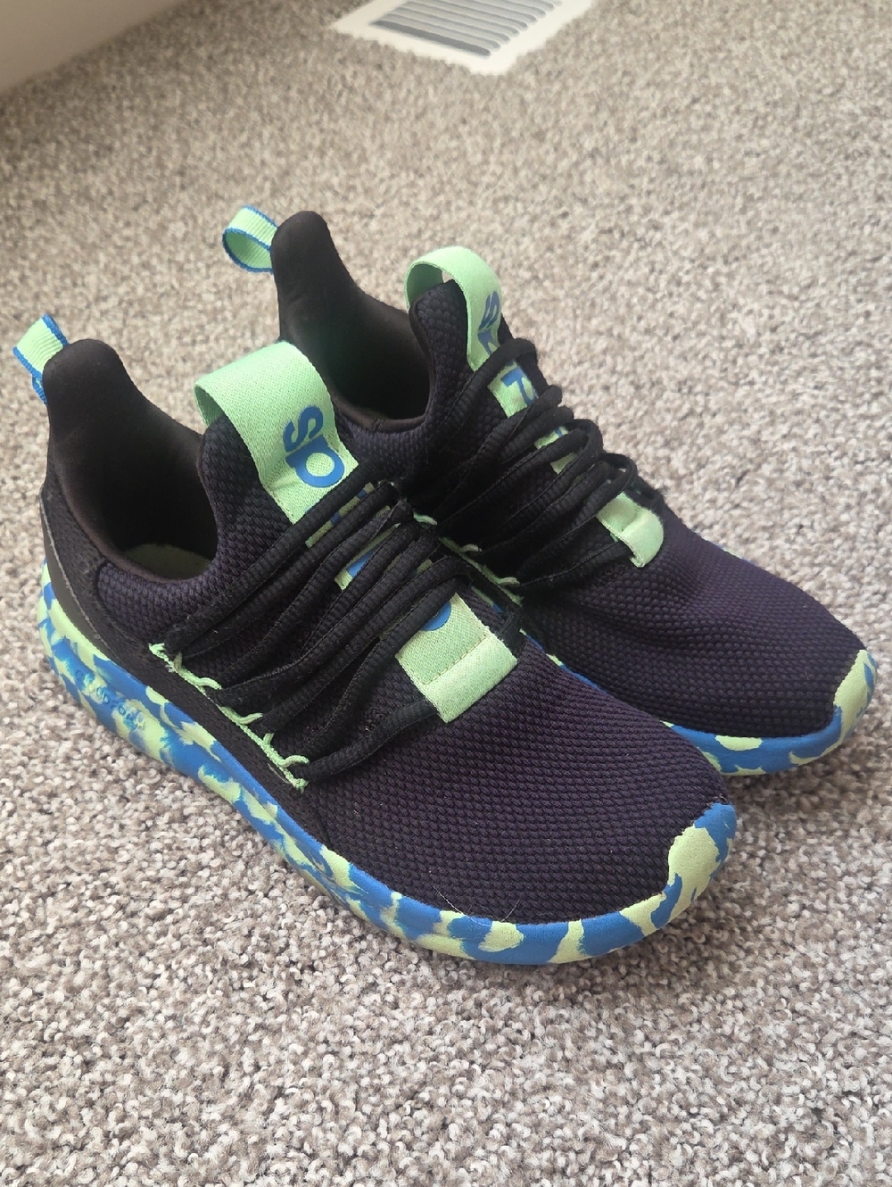 adidas Black Kids Sneakers with Lime & Blue Patterned Sole